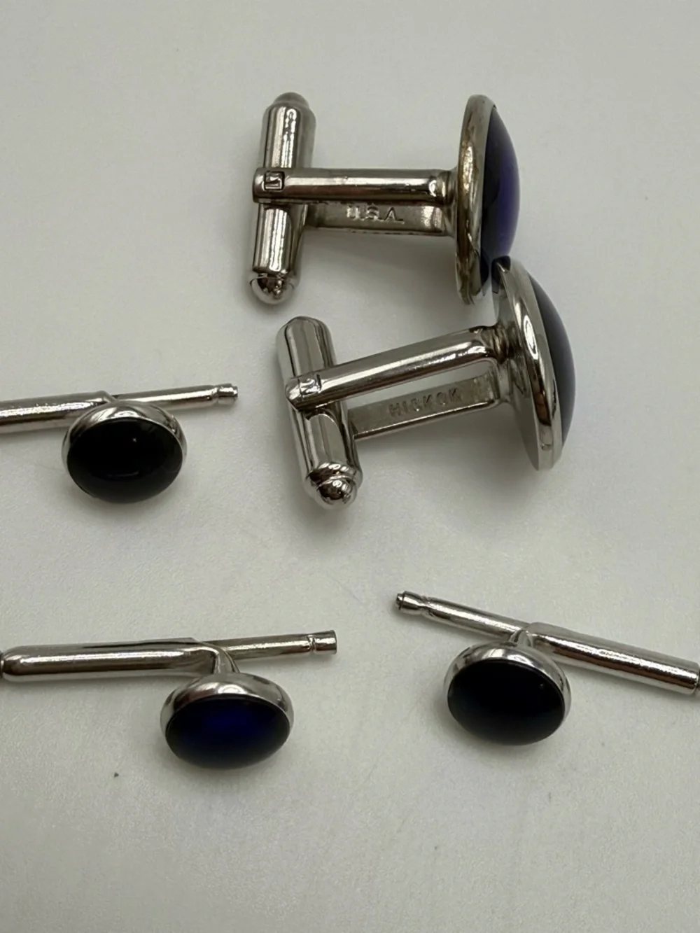 Hickok Cufflinks & Shirt Stud Set Blue Glass Silver Tone Formal Tuxedo Set USA
